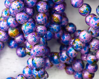 Blue Lavender Drawbench Glass Beads - Purple Spacer Beads with Gold Accents - Marbled Glass Beads for Jewelry Making Qty 50