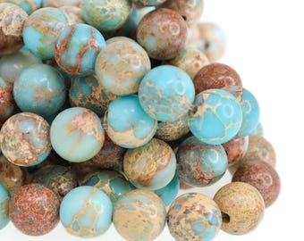 Marbled Turquoise Imperial Jasper Bead Strand, Round Gemstone Beads, Natural Stone Jewelry Supplies