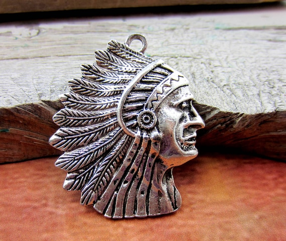 Silver Indian Chief Pendant Charm, Tribal Chief Charm Silver Indian Chief Pendant Charm, Tribal Chief Charm