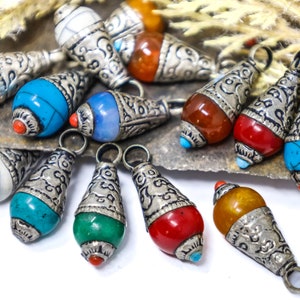 Nepali Teardrop Pendant with Brass Cap, 1 Tibetan Charms, Boho Teardrop Pendant, Focal Teardrop, Jewelry Findings, Jewelry Making Supplies