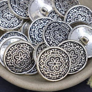 Antique Silver Mandala Pattern Shank Button, Floral Silver Buttons, Wrap Bracelet Button Closure, Sewing Findings - Qty 6