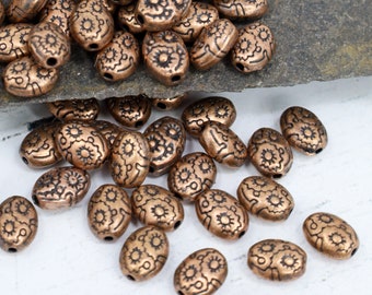 30 Red Copper Oval Embossed beads - Tibetan Style Metal Spacer Beads - Boho Chic Jewelry Supplies  8mm X 6mm