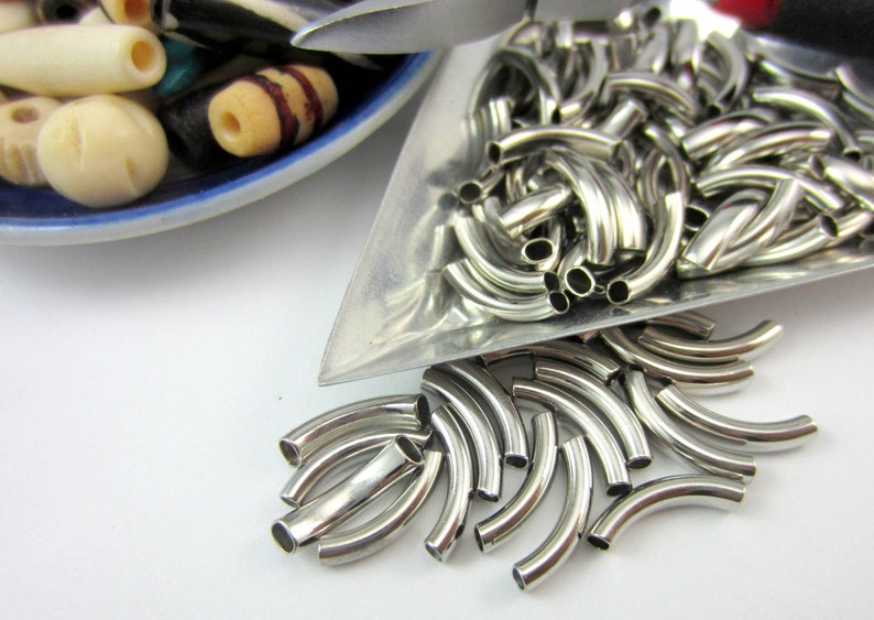 50 silver tube beads silver metal spacer beads 14mm curved noodle beads DIY jewelry supply
