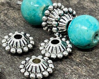 Perline d'argento, perline rotonde piatte, forniture per gioielli fai da te, perline in metallo argentato da 10 mm, perline distanziatrici in argento a doppia faccia, quantità 12