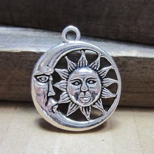Crescent Moon and Sun Pendants - Celestial Silver Charms - Silver Charm Jewelry-Qty 4