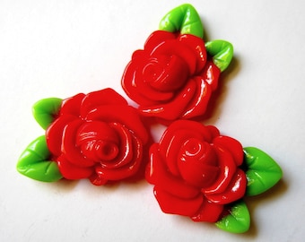 6 Red rose resin cabochons flatback kawaii jewelry making supplies 32mm 23mm