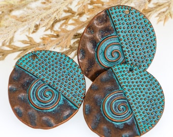 Patina Copper Round Pendants, Spiral Disc Charms, 27mm Statement Connector, Boho Jewelry Making Supplies