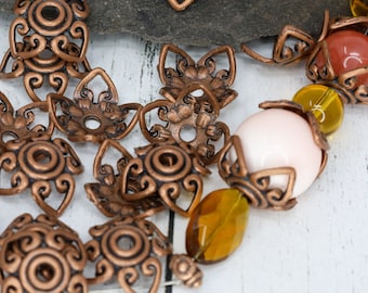 18 Oversized Red Copper Filigree Bead Caps, Copper Bead Caps, Metal Beads