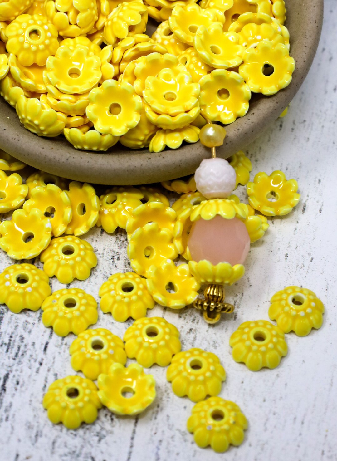 16 Handmade Porcelain Bead Caps Flower Multipetal Sunshine Etsy