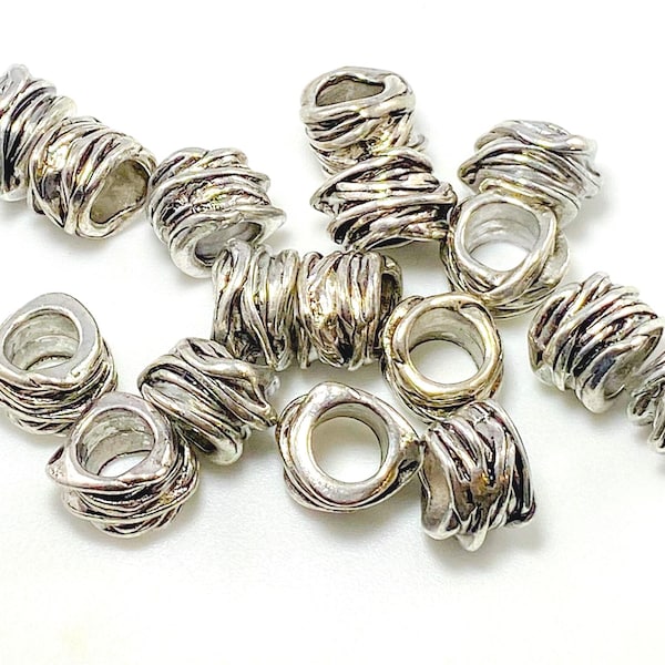 Wrap Textured Spacer Beads, Large Hole Silver Beads for Jewelry, 15x11mm with 8mm Hole