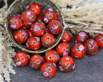 Brick Red Handmade Rose Glass Lampwork Beads for Artisan Jewelry Creations, Handmade Glass Beads, Artisan Jewelry Supplies, Qty 10