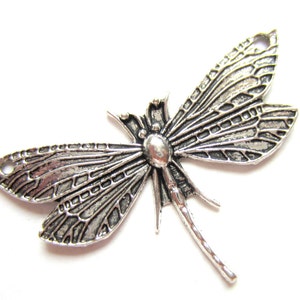 May include: A detailed, silver-colored dragonfly pendant with intricate wing patterns. The dragonfly has a textured surface and a small hole at the top for stringing. The wings are outstretched, and the body is elongated.