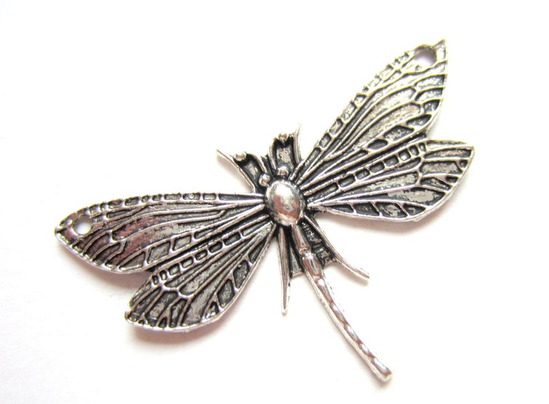 May include: A detailed, silver-colored dragonfly pendant with intricate wing patterns. The dragonfly has a textured surface and a small hole at the top for stringing. The wings are outstretched, and the body is elongated.