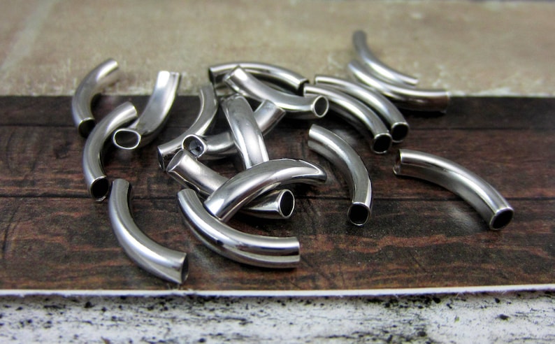 50 silver tube beads silver metal spacer beads 14mm curved noodle beads DIY jewelry supply