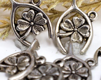 Silver horseshoe good luck charms, silver four leaf clover charms, silver good luck charms, metal charms, jewelry charms, Qty 6, 18 or 36pcs