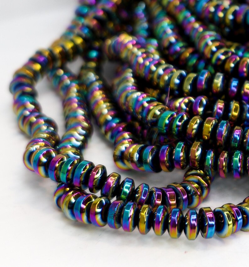 Non-Magnetic Hematite Beads, Multi-Color Plated Disc Beads, Rainbow Metallic Spacer Beads, Polished 6x3mm Hematite Strands, 15.7" Strand image 3