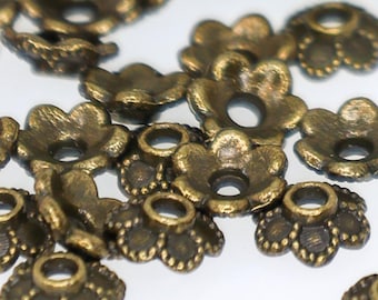 Antique Bronze Flower Bead Caps, Enamel Settings, 6 Petal Caps, Small Spacer Caps