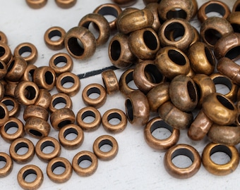 Antique Red Copper Spacer Bead, Large Hole Rondelle Beads, Boho Jewelry Making, Leather Cord Beads, Rustic Metal Findings, Qty 24