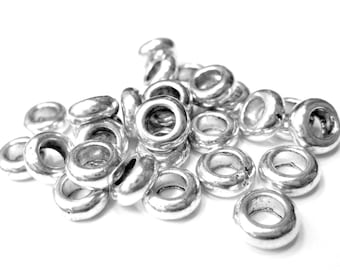 Antika silverpärlor med stora hål, släta runda pärlor i europeisk stil