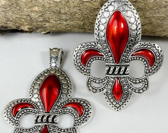 Antique Silver Plated Alloy Enamel Flower Fleur De Lis Big Pendants, Red, 73x45x4mm