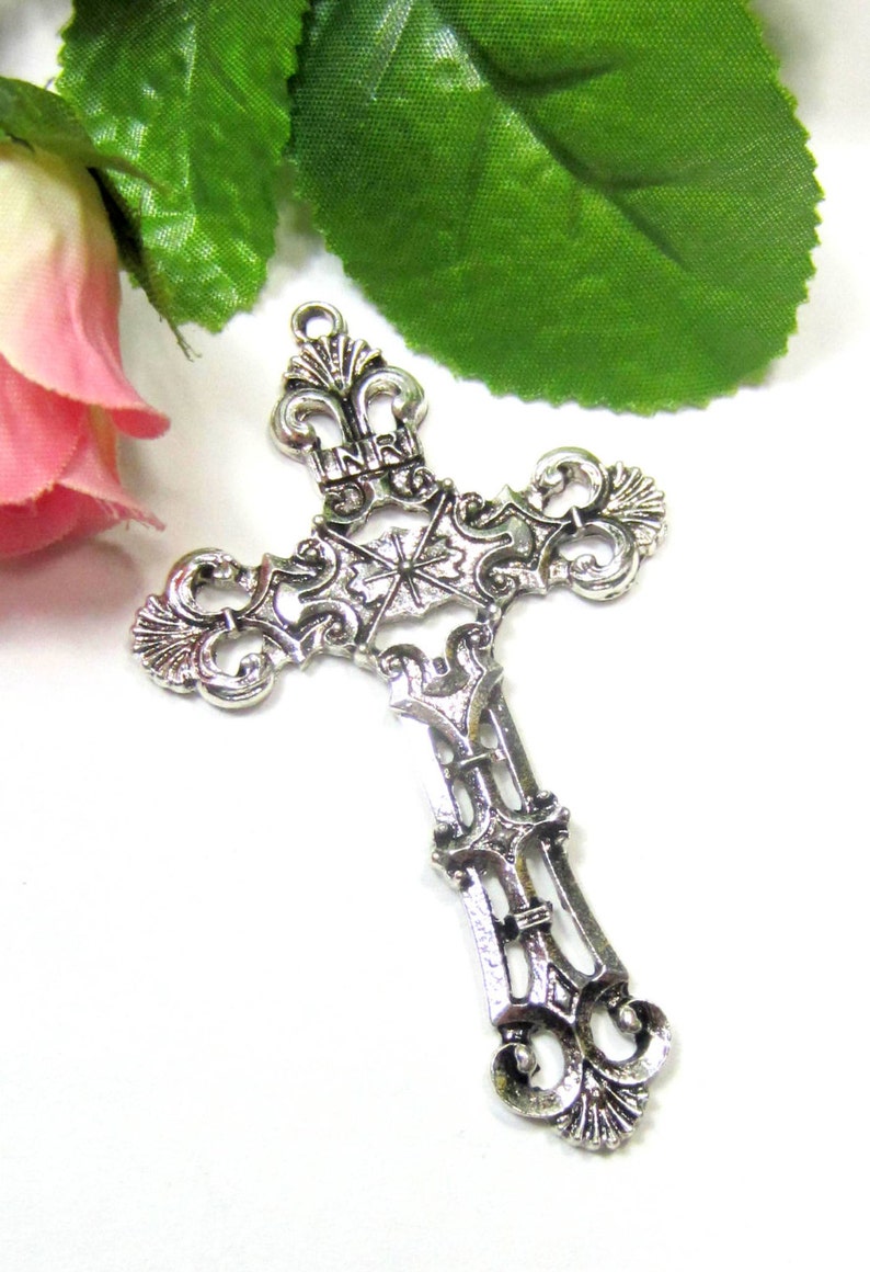 4 Silver antique cross pendant antiqued metal cross charms religious jewelry rosary supply 68mm x 42mm