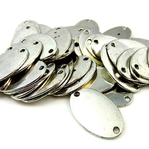 Antique Silver Oval Stamping Blanks, Two-Hole Connectors For Bracelets Or Necklaces, Zinc Tags For DIY Jewelry Making, Qty: 10