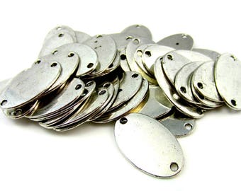 Antique Silver Oval Stamping Blanks, Two-Hole Connectors For Bracelets Or Necklaces, Zinc Tags For DIY Jewelry Making, Qty: 10