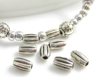 Ribbed Barrel Beads – Antique Silver Oval Metal Beads for Boho Jewelry Making, Spacer Beads 6.5x4mm