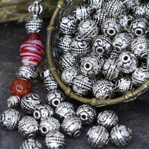 Antique Silver Tibetan Style Carved Spacer Beads - Round Metal Beads - Silver Beads - Silver Spacers - Qty 24