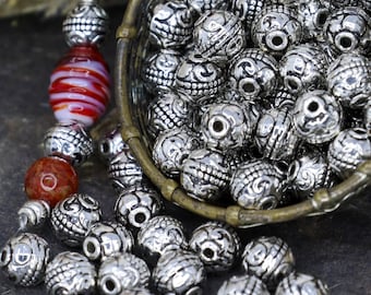 Antique Silver Tibetan Style Carved Spacer Beads - Round Metal Beads - Silver Beads - Silver Spacers - Qty 24