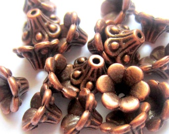 24 Flower bead caps antique red copper ethnic jewelry spacer beads necklace making supplies Heigth is 5mm Diameter 10mm 1mm hole