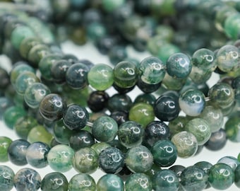 Stränge aus natürlichen Moosachatperlen, runde Edelsteinperlen, Waldgrün, Armbandherstellung