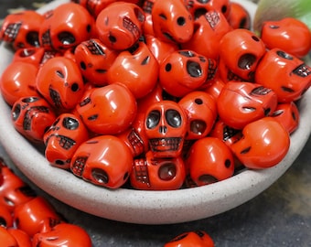 Bright Red Halloween Skull Beads, Day of the Dead Jewelry Beads, Acrylic Beads Qty 20