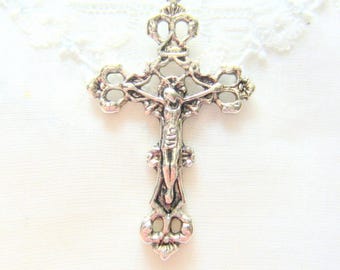 Rosary crucifix pendant charms antique silver cross pendants metal 45mm x 26mm Qty 4