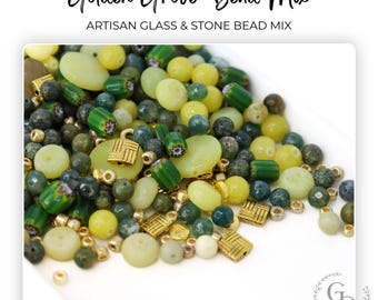 Golden Grove Bead Mix, Artisan Glass and Stone Beads, Woodland Jewelry Making Supplies