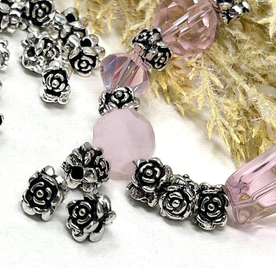 Antique Silver Rose Spacer Beads, Silver Metal Spacer Beads