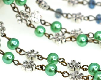 Rosenkranzkette aus Glas, Perlenkette, grüne Perle oder facettierte blaue Perle, antike Silberblumen