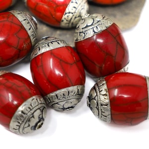 2 Handmade Tibetan Style Beads, Thai 925 Sterling Silver, Red Beeswax Barrel Beads with Silver Caps