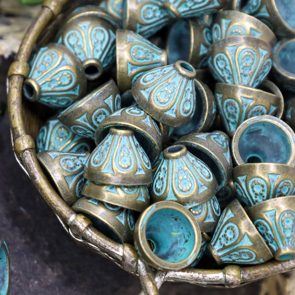 Bronze and Green Patina Decorative Jewelry Bead Caps - Bronze Bead Caps - Metal End Cap - Qty 24