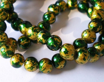 50 Emerald green glass beads with gold leaf 6mm green beads beadwork jewelry supplies