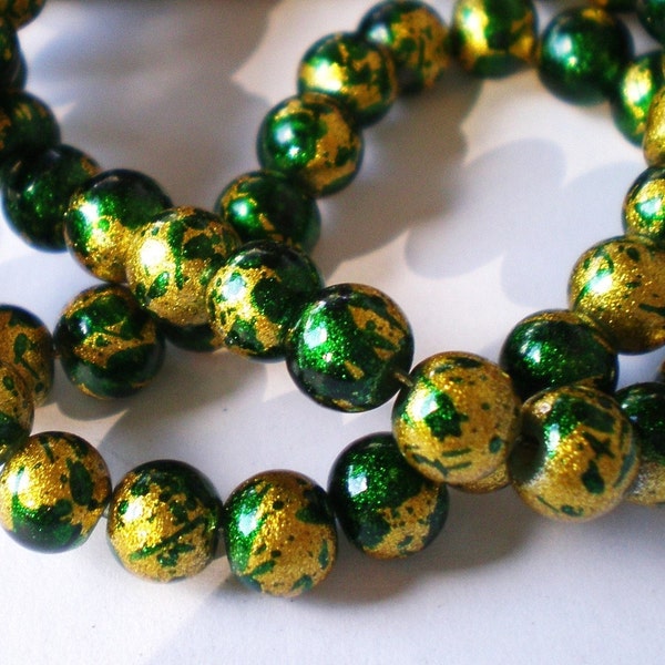 36 Emerald green glass beads with gold leaf 6mm green beads beadwork jewelry supplies