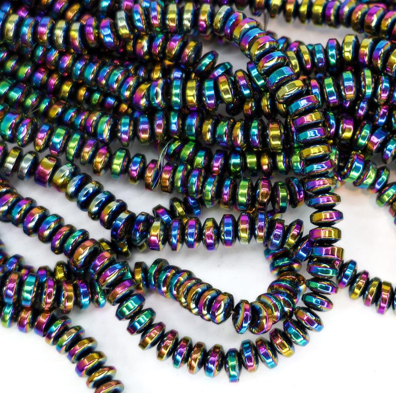 Non-Magnetic Hematite Beads, Multi-Color Plated Disc Beads, Rainbow Metallic Spacer Beads, Polished 6x3mm Hematite Strands, 15.7" Strand image 5