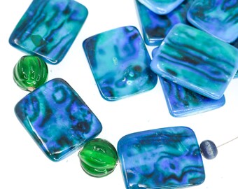 Blue Printed Shell Rectangle Beads, Large Shell Focal Beads, Mermaid Jewelry Supplies, Statement Beads