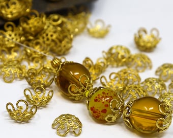 36 Antique Gold Filigree Bead Caps, Floral Brass Bead Caps, Jewelry Bead Caps, Gold Jewelry Findings, Bead Spacers, DIY Jewelry Findings