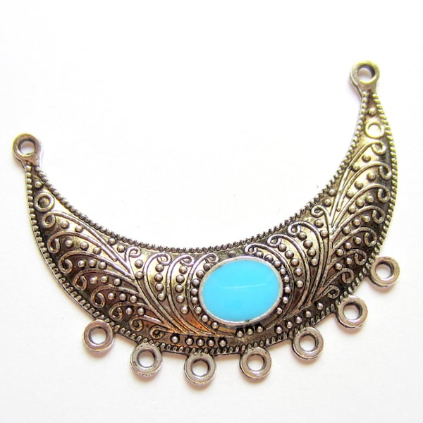 4 Bohemian Antique silver turquoise moon  pendant  ethnic necklace enhancer jewelry connector 54mm x 19mm