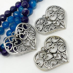 Antique Silver Filigree Heart Pendant Charm Qty 6