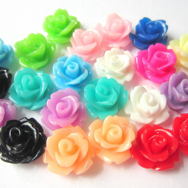 24 Rose cabochons resin flatback assorted colors flower approx. 10mm bobby pin flower