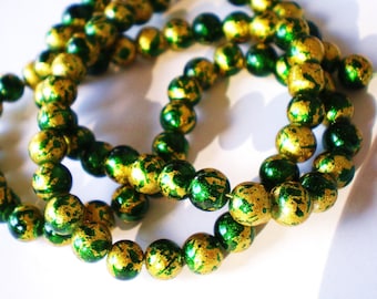 Emerald green glass beads with gold leaf 6mm green beads beadwork jewelry supplies Qty 50