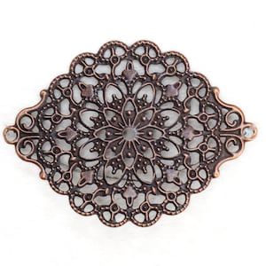 Antique Copper Filigree Medallion Wraps, Victorian-Style Openwork Lace Jewelry Findings, 44x34mm,