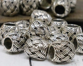 18 Large Hole Woven Rattan Drum Spacer Beads, Antique Silver Spacer Beads, Metal Beads, Silver Beads